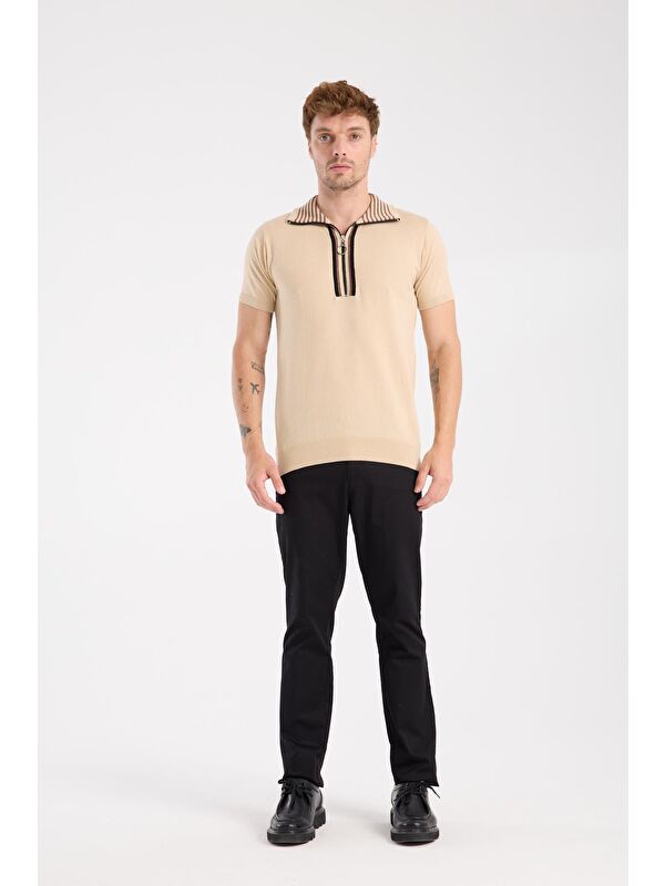 ABBATE Aclub Foxtrot Örme Kumaş Viskon Karışımlı Slim Fit Koyu Bej Dik Yaka Erkek Düz Polo Shirt