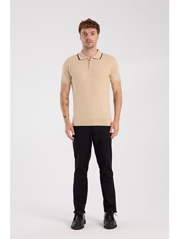 ABBATE Aclub Sierra Örme Kumaş Viskon Karışımlı Slim Fit Koyu Bej Polo Yaka Erkek Düz Polo Shirt