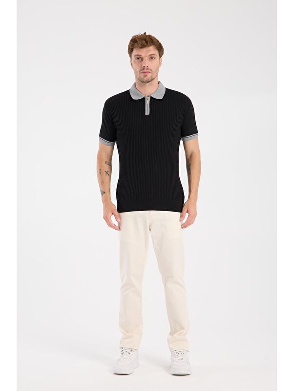 ABBATE Aclub Echo Örme Kumaş Viskon Karışımlı Slim Fit Siyah Polo Yaka Erkek Desenli Polo Shirt