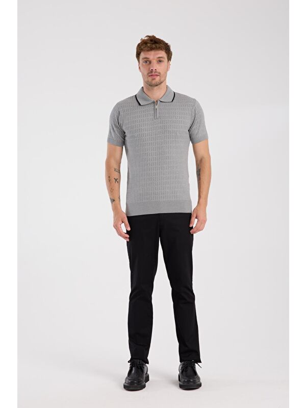 ABBATE Aclub Sierra Örme Kumaş Viskon Karışımlı Slim Fit Gri Polo Yaka Erkek Düz Polo Shirt