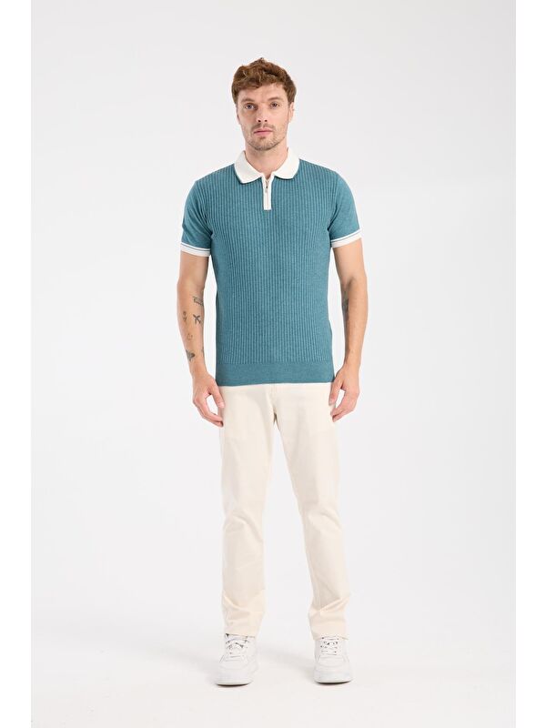 ABBATE Aclub Echo Örme Kumaş Viskon Karışımlı Slim Fit Petrol Polo Yaka Erkek Desenli Polo Shirt