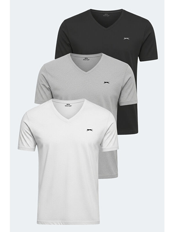 SLAZENGER RIVALDO 3 lü Set Erkek Beyaz - Gri - Siyah %100 Pamuk Tişört