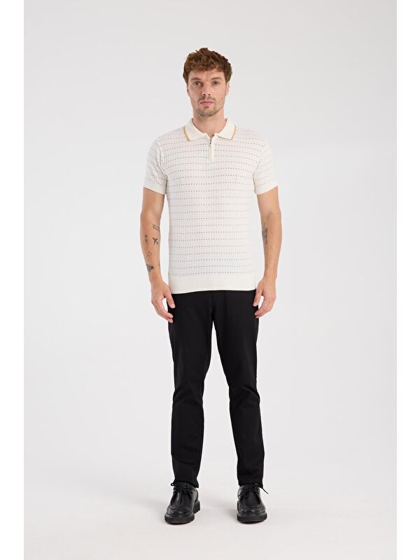 ABBATE Aclub Sierra Örme Kumaş Viskon Karışımlı Slim Fit Ekru Polo Yaka Erkek Düz Polo Shirt