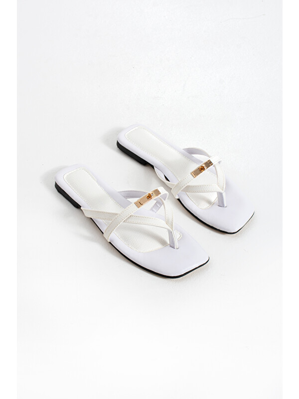 DUXAL SHOES Zoe Kare Burun Tasarım Tokalı Parmak Arası Sandalet Terlik