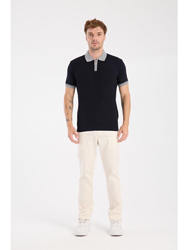 ABBATE Aclub Echo Örme Kumaş Viskon Karışımlı Slim Fit Lacivert Polo Yaka Erkek Desenli Polo Shirt