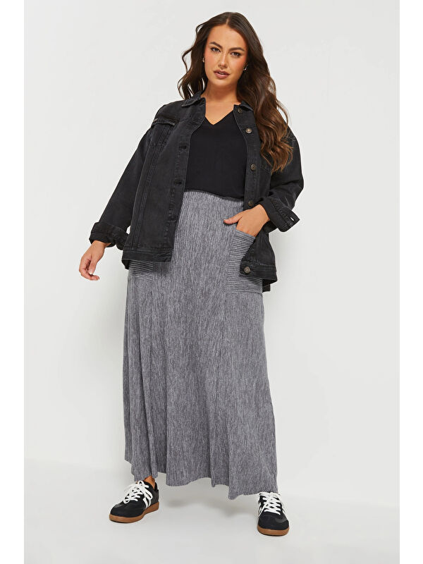 Stil Diva Büyük Beden Beli Lastikli Önden Cepli Fitilli Maxi Etek 303899