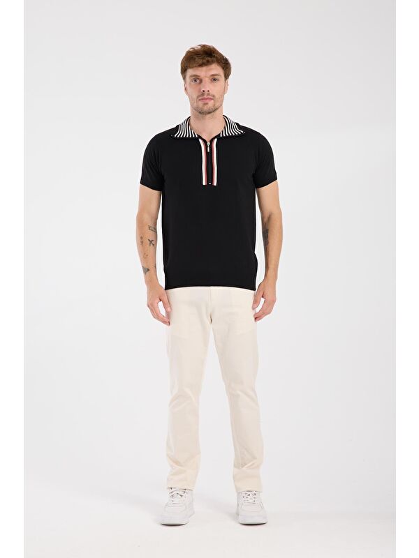 ABBATE Aclub Foxtrot Örme Kumaş Viskon Karışımlı Slim Fit Siyah Dik Yaka Erkek Düz Polo Shirt