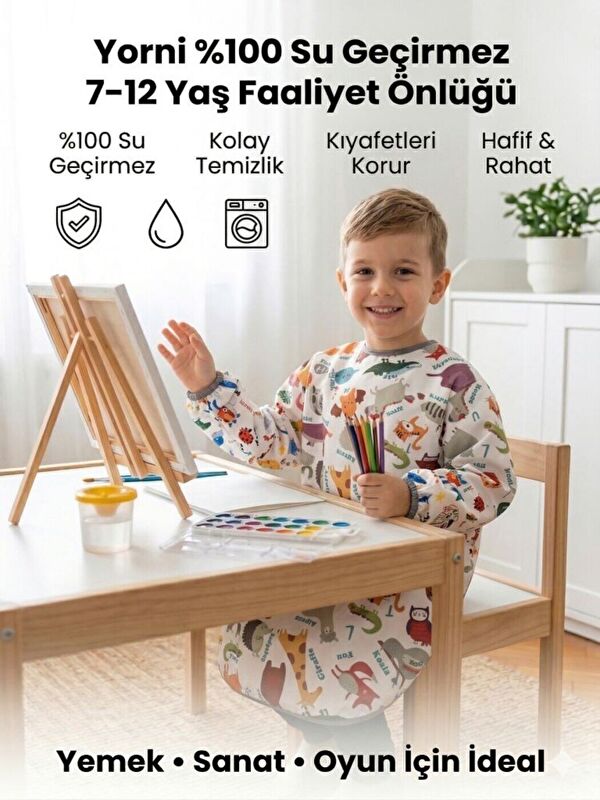 Yorni 7-11 Yaş, Zoo, Sıvı Geçirmez, Makinede Yıkanabilir, Uzun Kollu Çocuk, Aktivite Mama Önlüğü