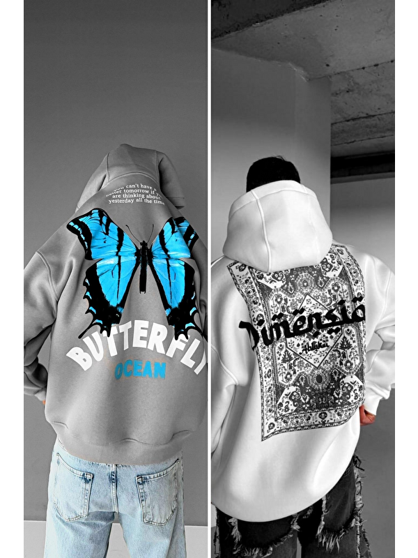 Abluka Online Erkek Oversize Kapüşonlu Baskılı 2'Li Hoodie Gri-Beyaz