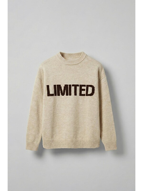 Abluka Online Erkek Oversize Limited Kabartma Baskılı Triko Kazak Taş Rengi