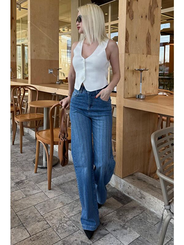 Madmext Mavi Yüksek Bel Elastanlı Taşlı Kadın Jean Pantolon Mg2271