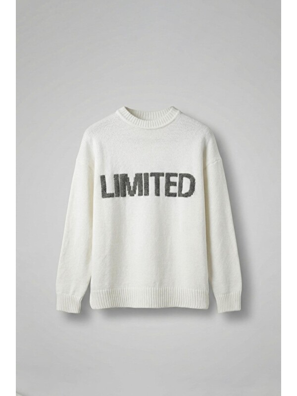 Abluka Online Erkek Oversize Limited Kabartma Baskılı Triko Kazak Ekru