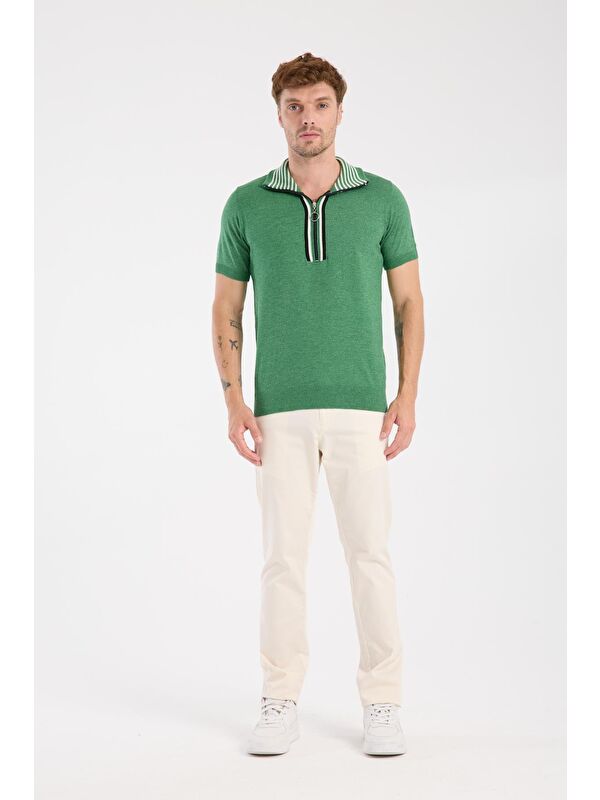 ABBATE Aclub Foxtrot Örme Kumaş Viskon Karışımlı Slim Fit Yeşil Dik Yaka Erkek Düz Polo Shirt
