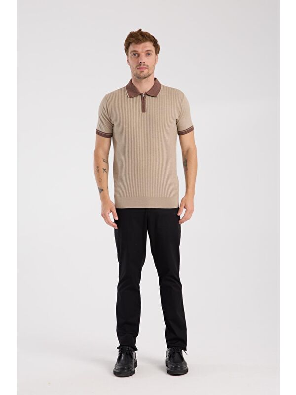 ABBATE Aclub Echo Örme Kumaş Viskon Karışımlı Slim Fit Vizon Polo Yaka Erkek Desenli Polo Shirt