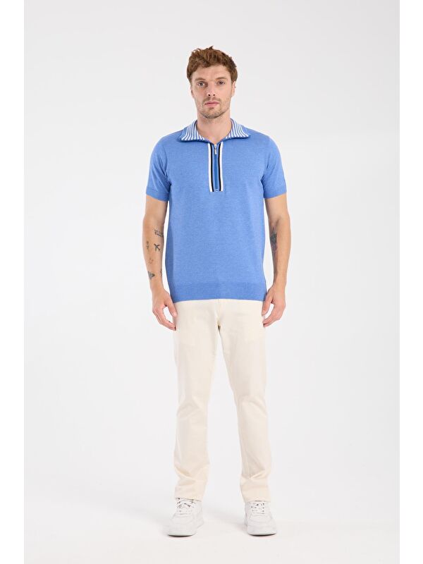 ABBATE Aclub Foxtrot Örme Kumaş Viskon Karışımlı Slim Fit Mavi Dik Yaka Erkek Düz Polo Shirt