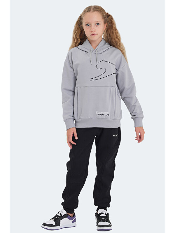 SLAZENGER LINK Unisex Çocuk Kapüşonlu Cepli Taş Gri Sweatshırt
