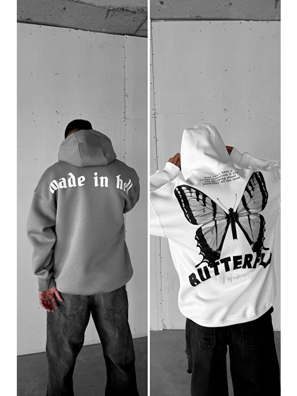 Abluka Online Erkek Oversize Kapüşonlu 2'Li Hoodie Gri-Beyaz