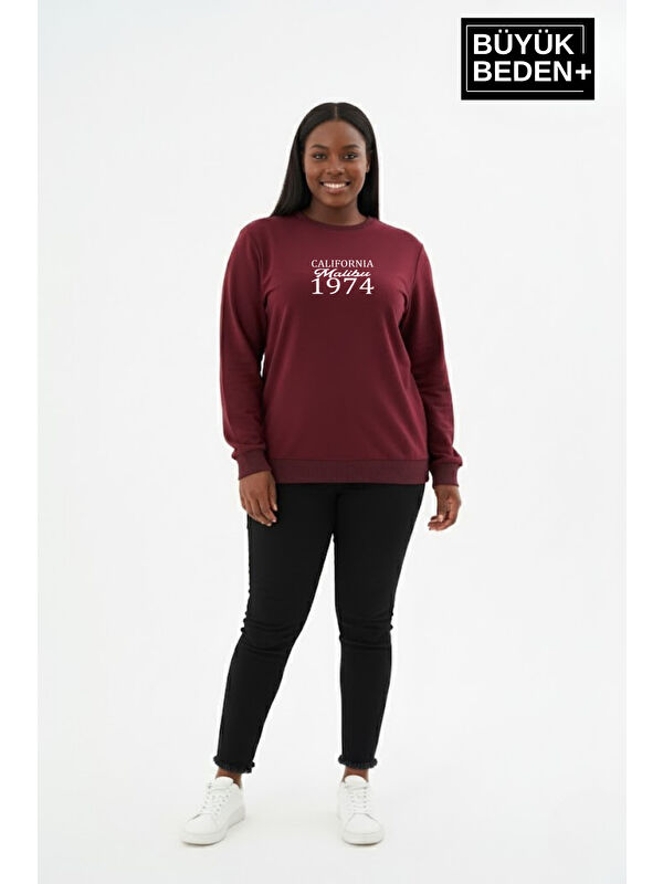 Süperlife Kadın Büyük Beden California 1974 Baskılı Bisilet Yaka İnce Sweatshirt SPR26BSWK956-2