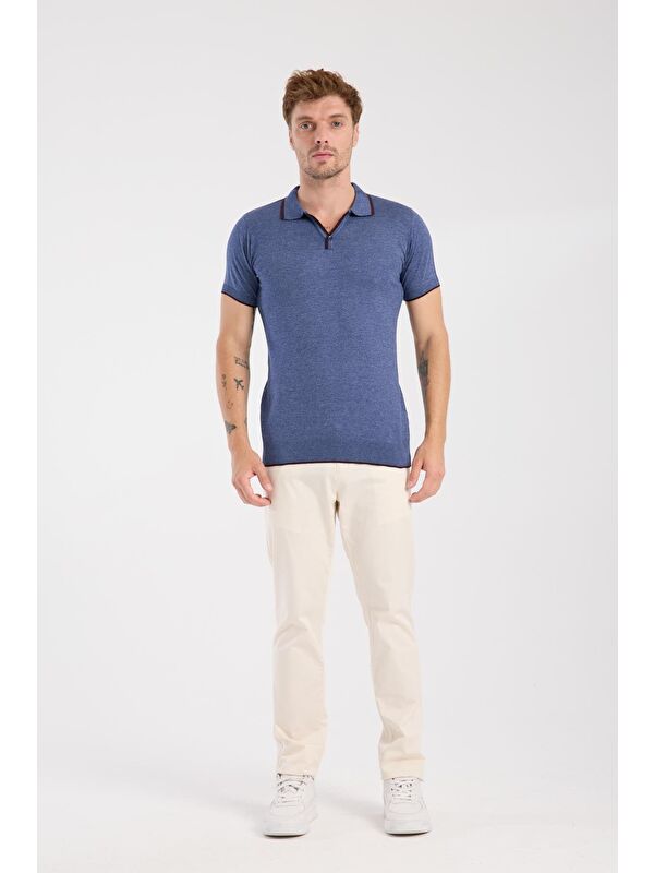 ABBATE Aclub Delta Örme Kumaş Viskon Karışımlı Slim Fit İndigo Polo Yaka Erkek Düz Polo Shirt