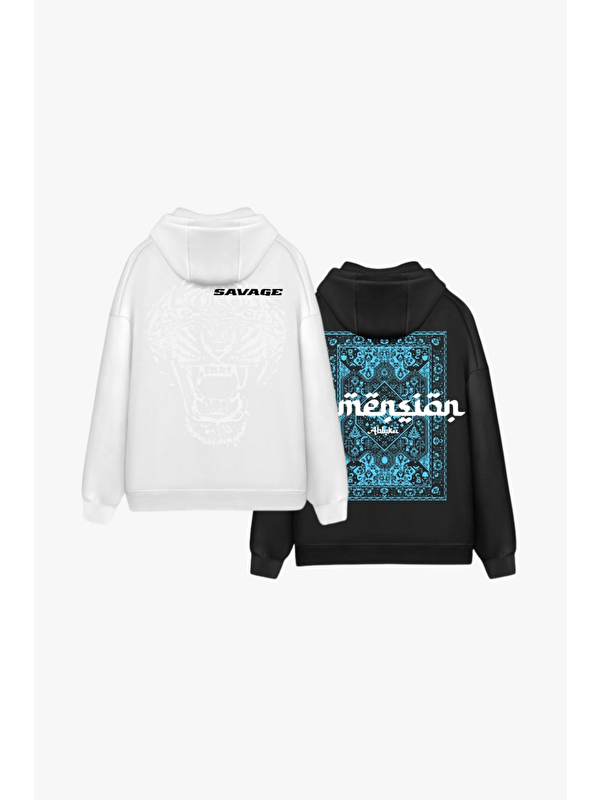 Abluka Online Erkek Oversize Kapüşonlu 2'Li Hoodie Beyaz - Siyah