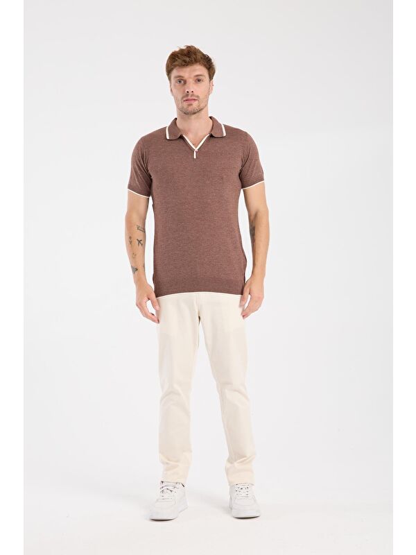 ABBATE Aclub Delta Örme Kumaş Viskon Karışımlı Slim Fit Kahverengi Polo Yaka Erkek Düz Polo Shirt