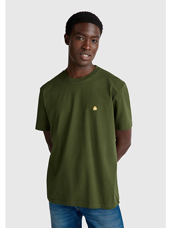 United Colors Of Benetton Erkek Koyu Yeşil %100 Pamuk Benetton Logolu Bisiklet Yaka Tişört