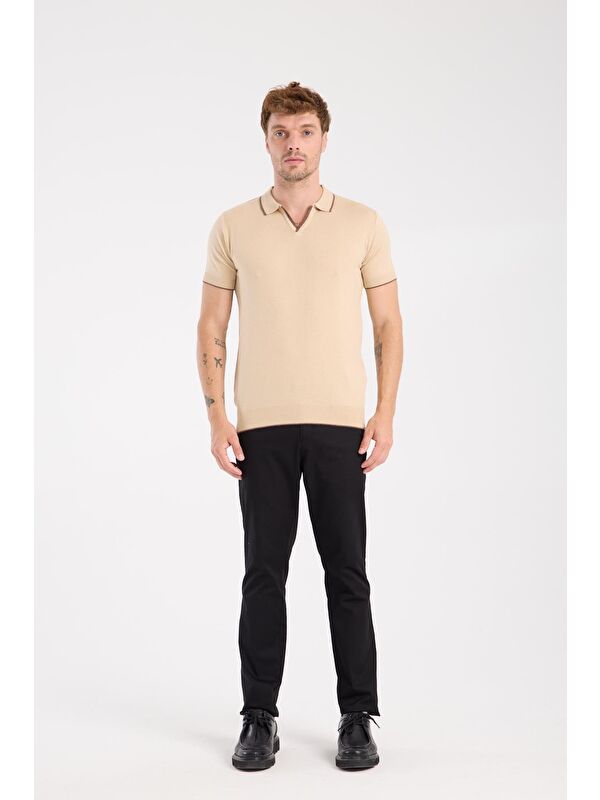 ABBATE Aclub Delta Örme Kumaş Viskon Karışımlı Slim Fit Koyu Bej Polo Yaka Erkek Düz Polo Shirt
