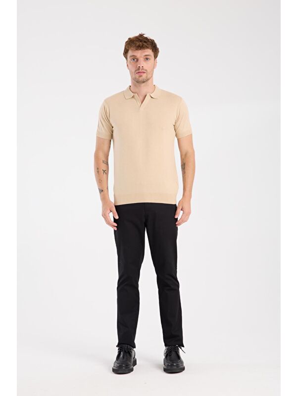ABBATE Aclub Alfa Örme Kumaş Viskon Karışımlı Slim Fit Koyu Bej Polo Yaka Erkek Düz Polo Shirt