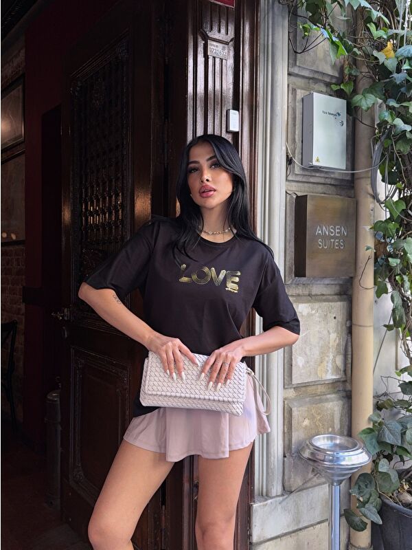 carla10 Oversize Love Baskılı Siyah T-Shirt
