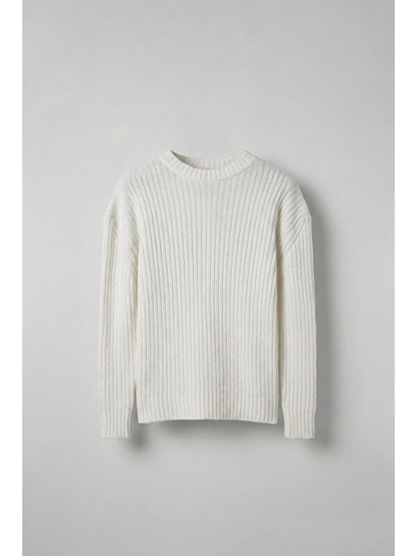 Abluka Online Erkek Oversize Fitilli Basic Triko Kazak Ekru