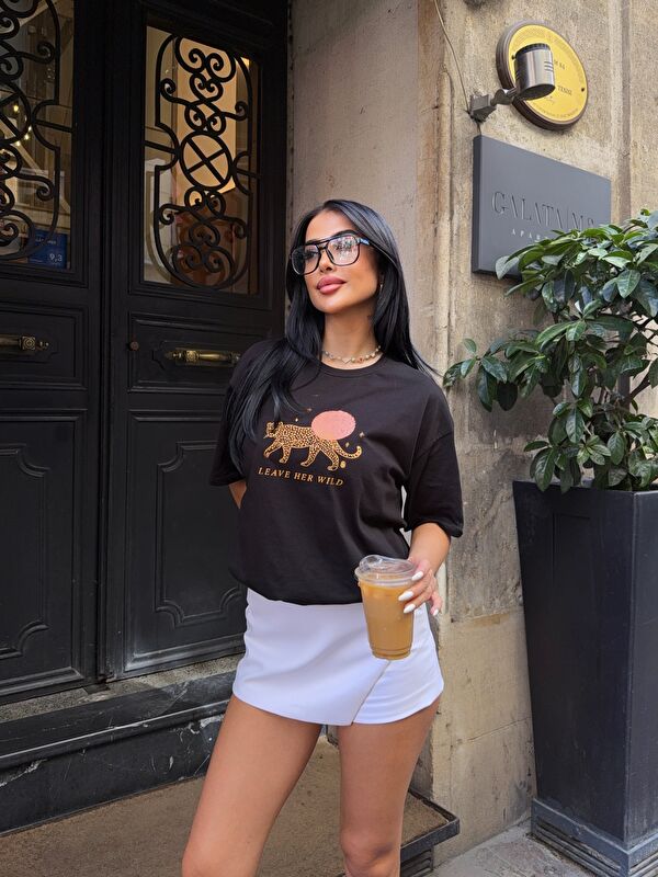 carla10 Oversize Kaplan Baskılı Siyah T-Shirt
