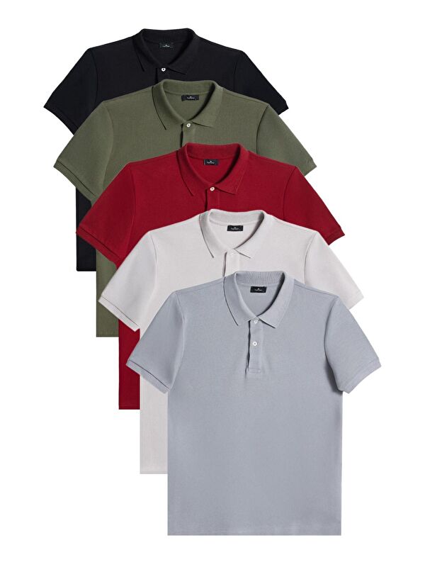 TUDORS Erkek 5'Li Paket Siyah-Haki-Bordo-Gri-Koyu Gri Slim Fit Dar Kesim Pamuklu Düz Pike Polo Yaka Tişört