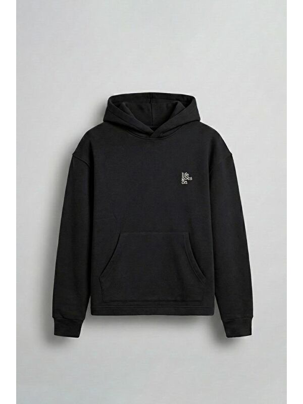 Abluka Online Erkek Kabartmalı Baskılı Kapüşonlu Hoodie Siyah