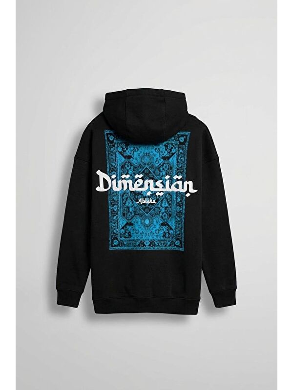 Abluka Online Erkek Oversize Dimension Baskılı Premium Kapüşonlu Sweatshirt Siyah Saks Mavi