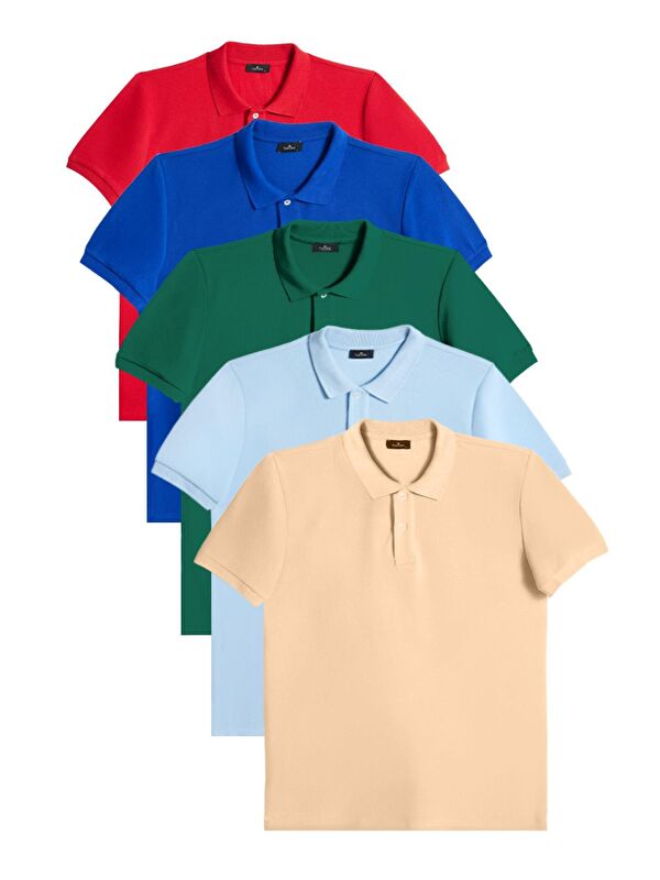 TUDORS Erkek 5'li Paket Kırmızı-Saks Mavi-Zümrüt Yeşili-Mavi-Bej Slim Fit Pamuklu Düz Pike Polo Yaka Tişört