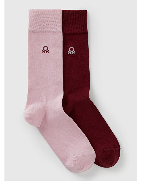 United Colors Of Benetton Unisex Pembe-Bordo Pamuk Karışımlı Logo Detaylı 2'li Uzun Yılbaşı Temalı Soket Çorap Seti