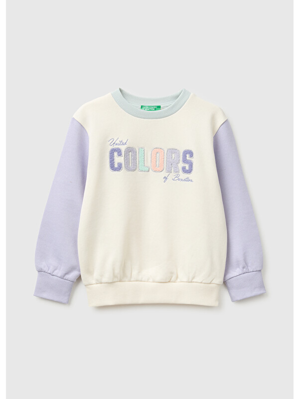 United Colors Of Benetton Kız Bebek Krem Önü İşlemeli Uzun Kollu Bisiklet Yaka Sweatshirt