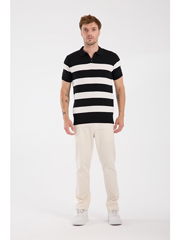 ABBATE Aclub Bravo Örme Kumaş Viskon Karışımlı Slim Fit Siyah Polo Yaka Erkek Çizgili Polo Shirt