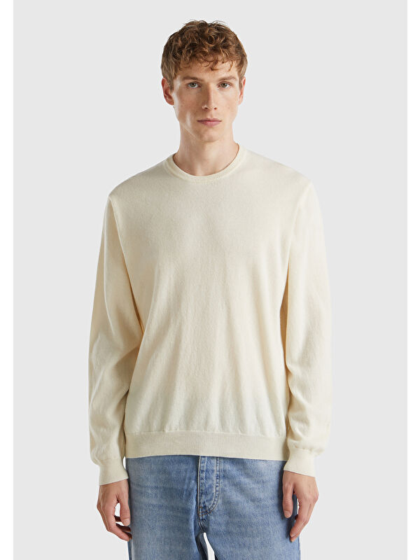 United Colors Of Benetton Erkek Krem %100 Merino Bisiklet Yaka Kazak