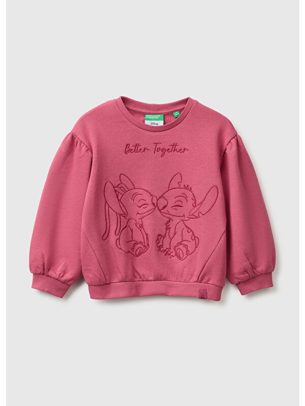 United Colors Of Benetton Kız Bebek Fuşya Önü Lilo&Stitch Baskılı Ribanalı Bisiklet Yaka Sweatshirt
