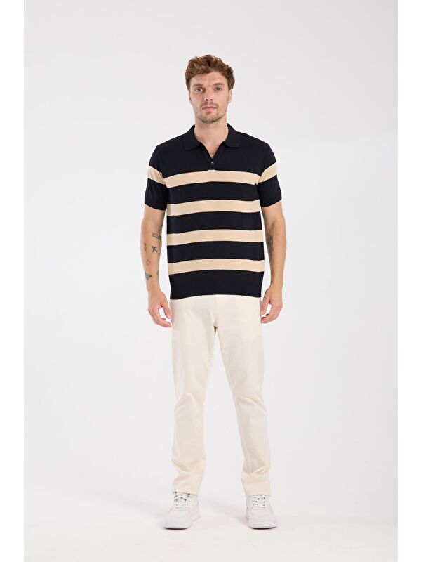 ABBATE Aclub Bravo Örme Kumaş Viskon Karışımlı Slim Fit Lacivert Polo Yaka Erkek Çizgili Polo Shirt