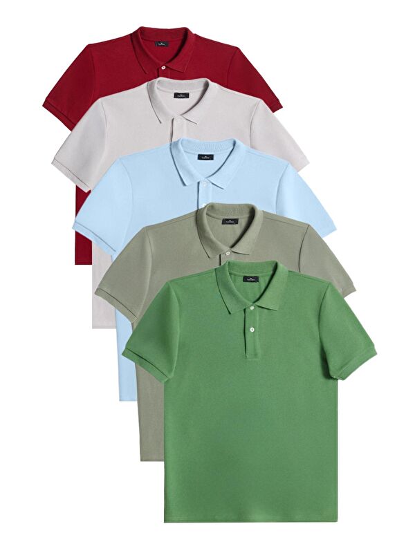 TUDORS Erkek 5'Li Paket Bordo-Gri-Mavi-Haki-Çimen Yeşili Slim Fit Pamuklu Düz Pike Polo Yaka Tişört