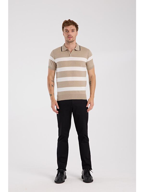 ABBATE Aclub Bravo Örme Kumaş Viskon Karışımlı Slim Fit Vizon Polo Yaka Erkek Çizgili Polo Shirt