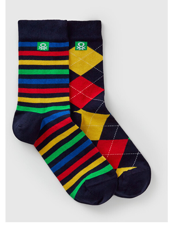 United Colors Of Benetton Unisex Lacivert - Renkli Mix Pamuk Karışımlı Desenli Logo Detaylı 2'li Soket Çorap Seti