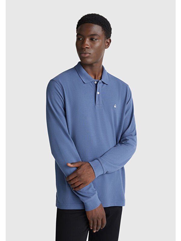 United Colors Of Benetton Erkek Havacı Mavi Uzun Kol Polo Tişört