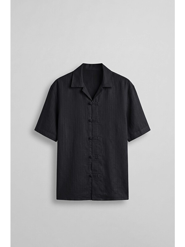 Abluka Online Erkek Boxy Fit Lyocell Kumaş Kimono Gömlek Siyah