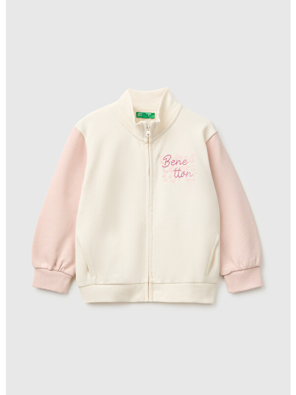 United Colors Of Benetton Kız Bebek Krem Önü İşlemeli Ribanalı Boğazlı Fermuarlı Dik Yaka Sweatshirt