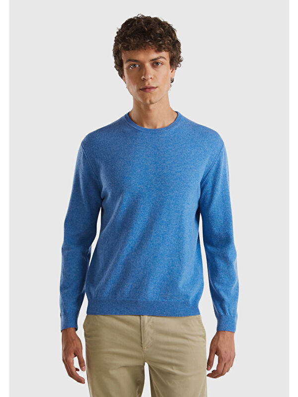 United Colors Of Benetton Erkek Mavi %100 Merino Bisiklet Yaka Kazak