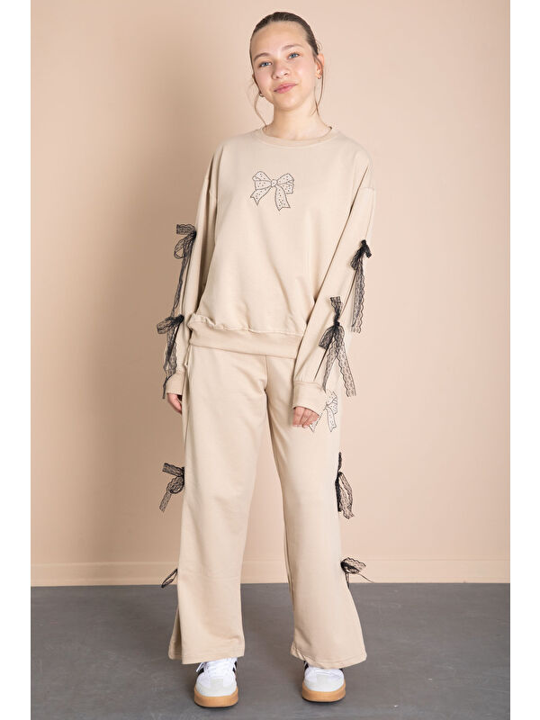 Cansın Mini Bej Yanları Fiyonk Detaylı Geniş Paça Kız Çocuk Eşofman Takımı 21199