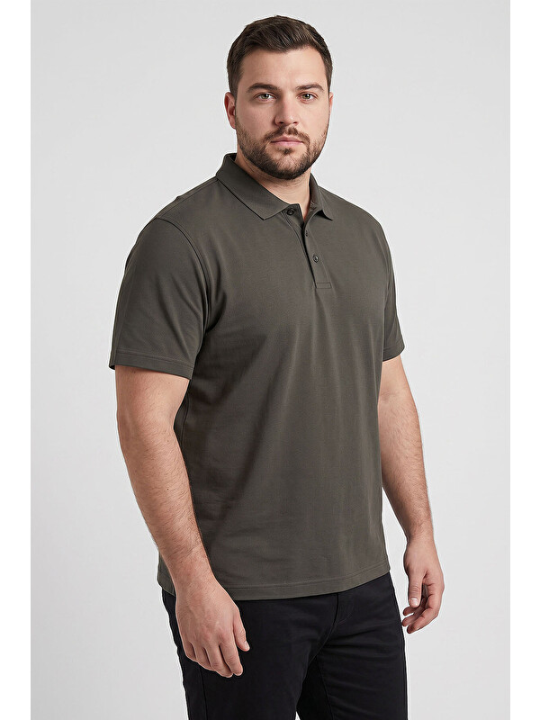 Tommylife Haki Polo Yaka Büyük Beden Battal Erkek T-Shirt - 88511